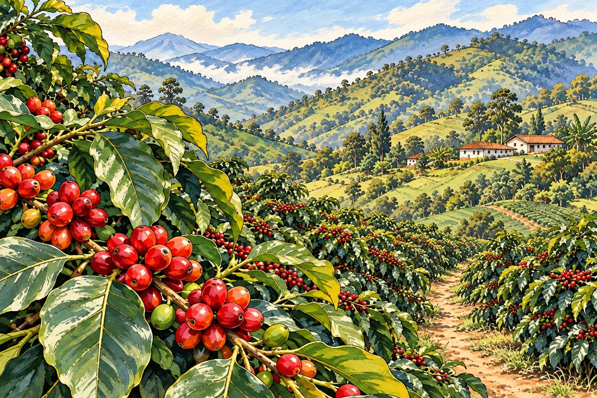 Ilustración editorial de cafetos con frutos maduros en una ladera de montaña; representa una experiencia cafetera de forma general.