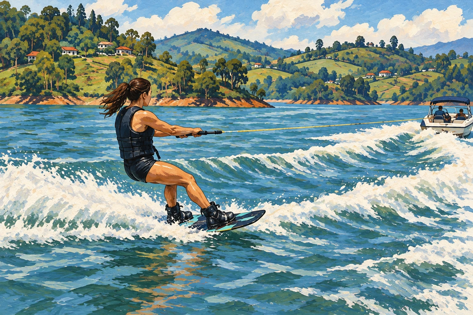 Ilustraci&oacute;n editorial: Wakeboard en el embalse
