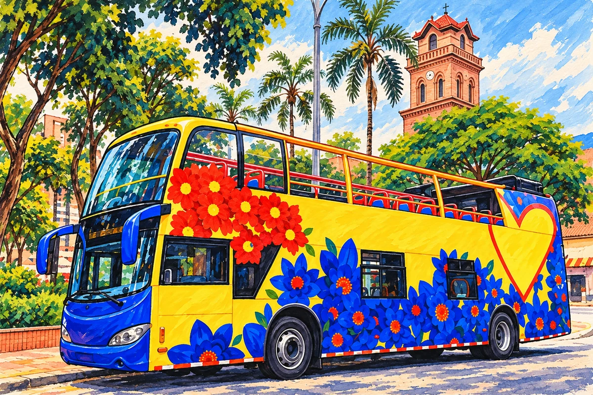 Ilustraci&oacute;n editorial: Tour de Medell&iacute;n en bus