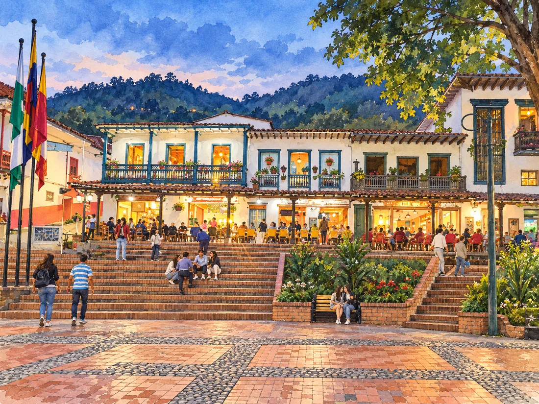 Parque principal y fachada del centro de Jericó, en ilustración editorial basada en una fotografía de referencia.