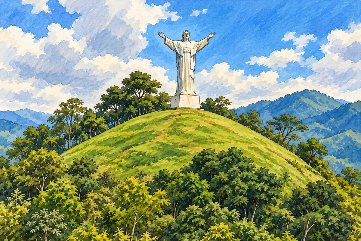 Cristo del Cerro El Salvador visto de cerca sobre Jericó, en ilustración editorial basada en una fotografía de referencia.