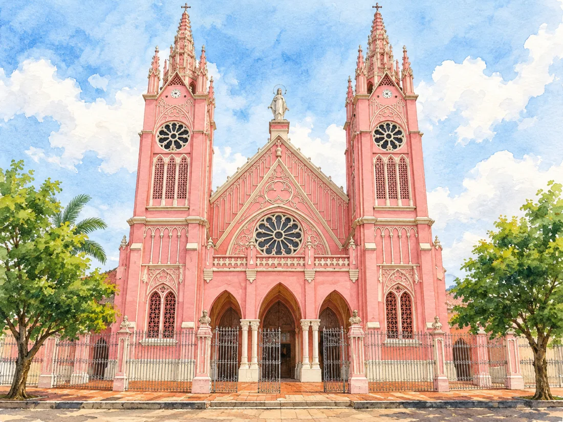 Santuario de Santa Laura en Jericó, con su fachada rosada y palmas visibles en la entrada, en ilustración editorial basada en una fotografía de referencia.