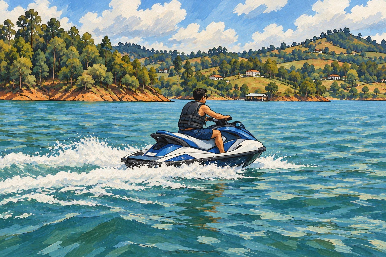 Ilustraci&oacute;n editorial: Jet ski en el embalse