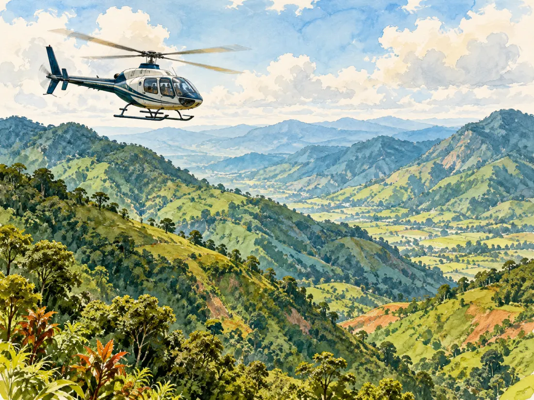 Ilustración editorial de un vuelo en helicóptero sobre montañas verdes; representa la actividad de forma general.