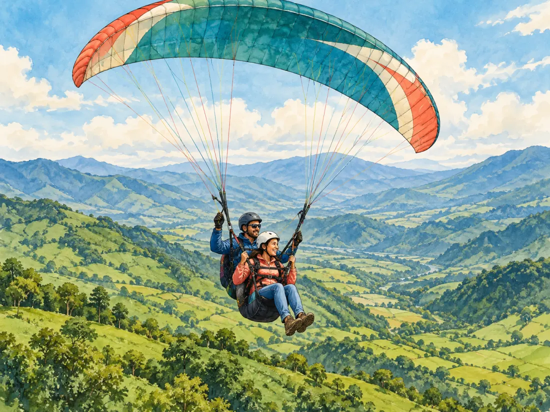 Ilustración editorial de un vuelo biplaza en parapente sobre montañas; no representa un punto específico de despegue o aterrizaje.