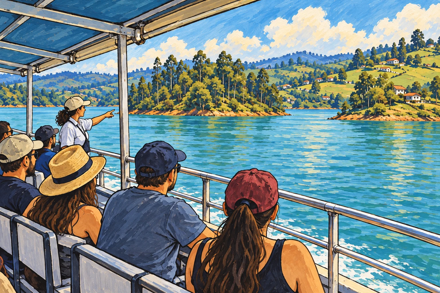 Ilustraci&oacute;n editorial: Paseo en barco por el embalse