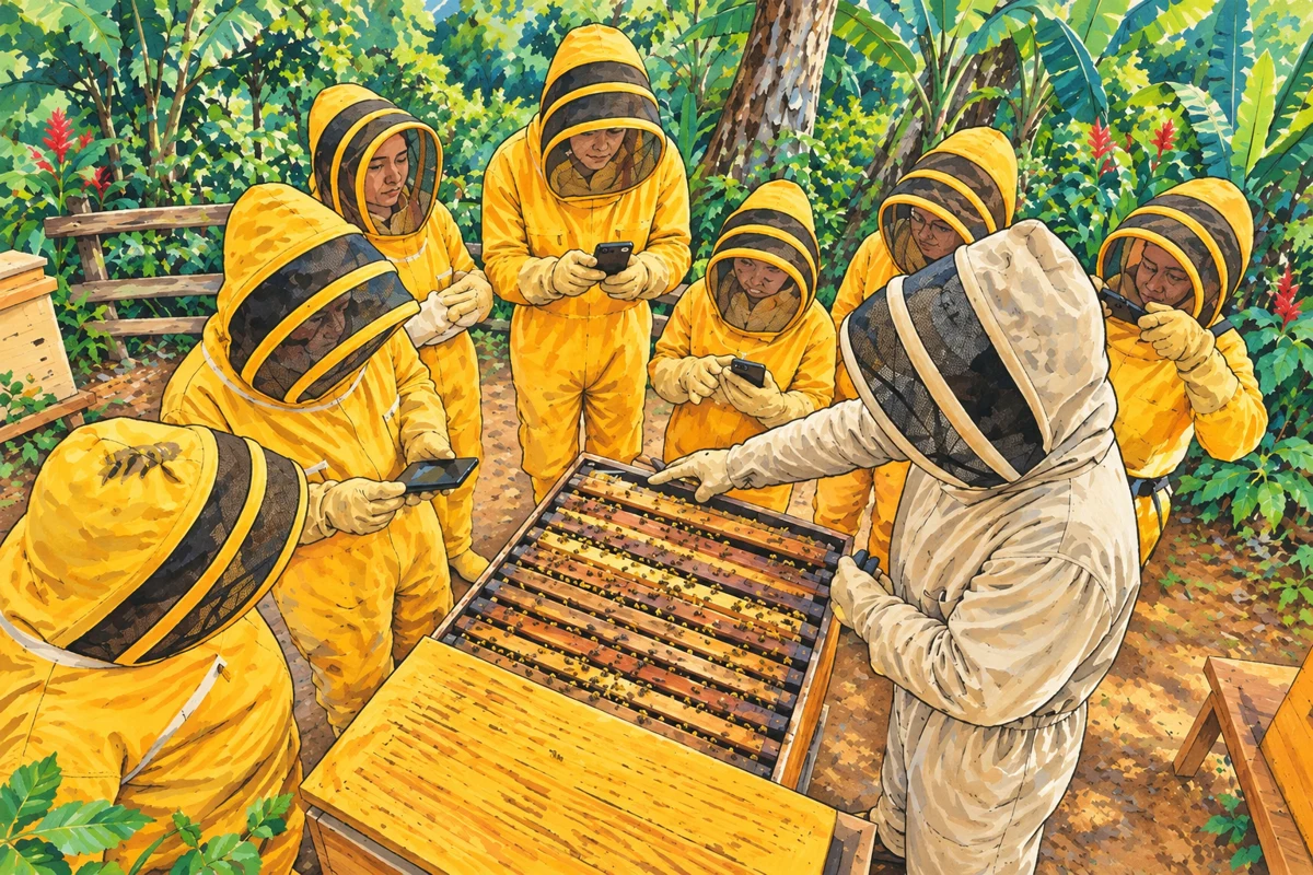 Ilustración de una visita guiada a colmenas con equipo protector en Jardín