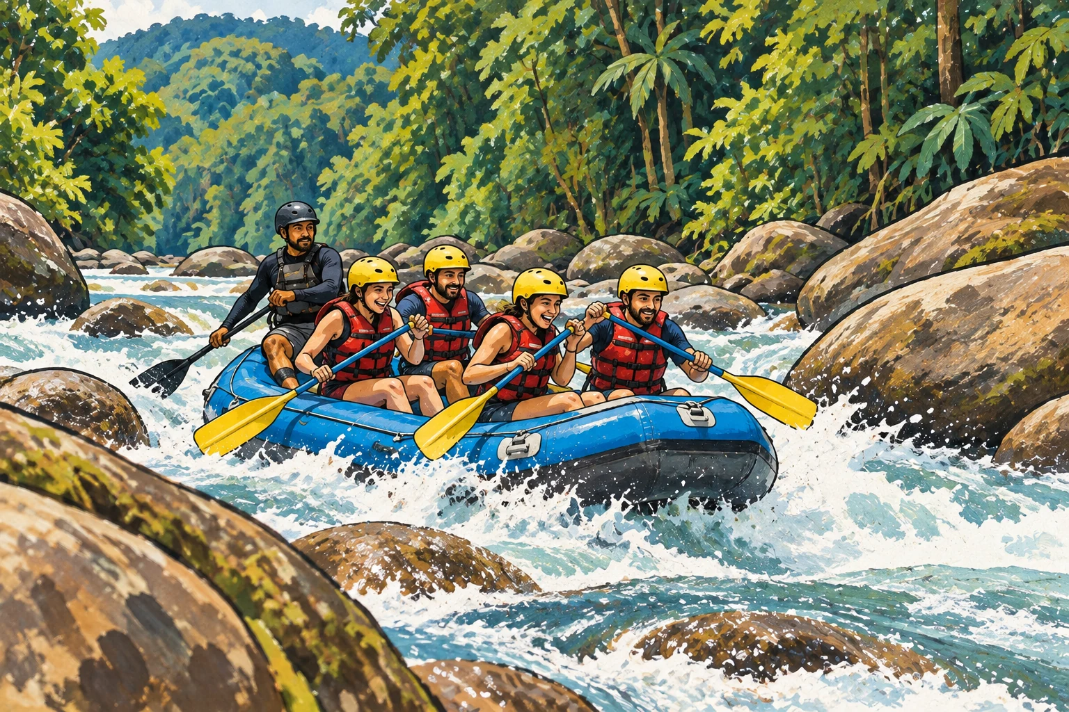 Ilustraci&oacute;n editorial: Rafting en el r&iacute;o Calderas
