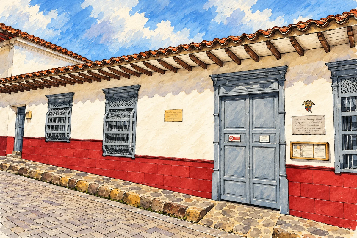 Fachada de la casa natal de Santa Laura en Jericó, reinterpretada en tinta y gouache a partir de una fotografía de referencia.