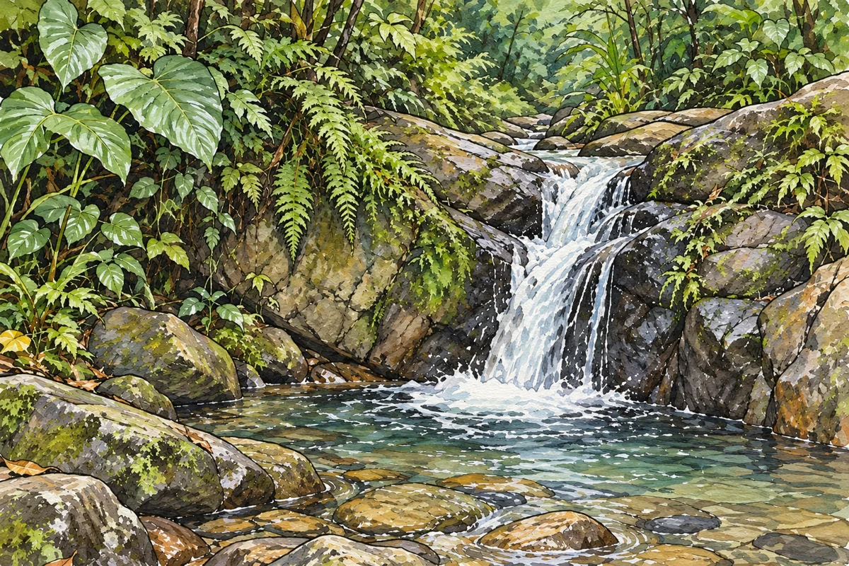 Ilustración editorial de una cascada modesta entre roca y vegetación en Chorros de Quebradona.