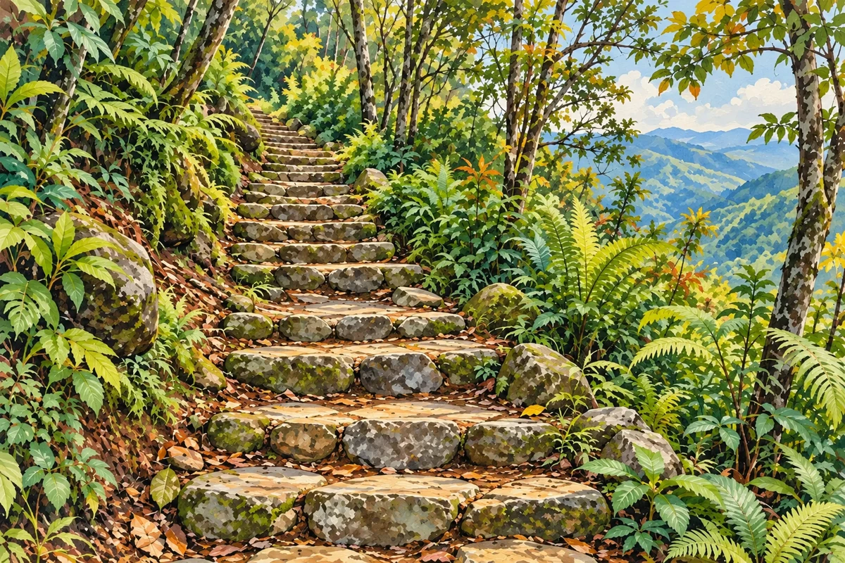 Ilustración editorial del sendero de piedra que asciende entre vegetación en el Cerro de las Nubes.