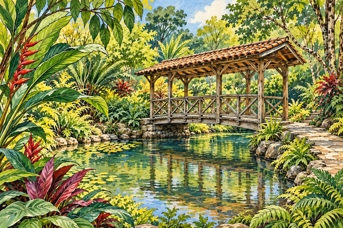 Estanque, puente de madera y vegetación del Jardín Botánico Los Balsos, en una ilustración editorial basada en sus elementos documentados.