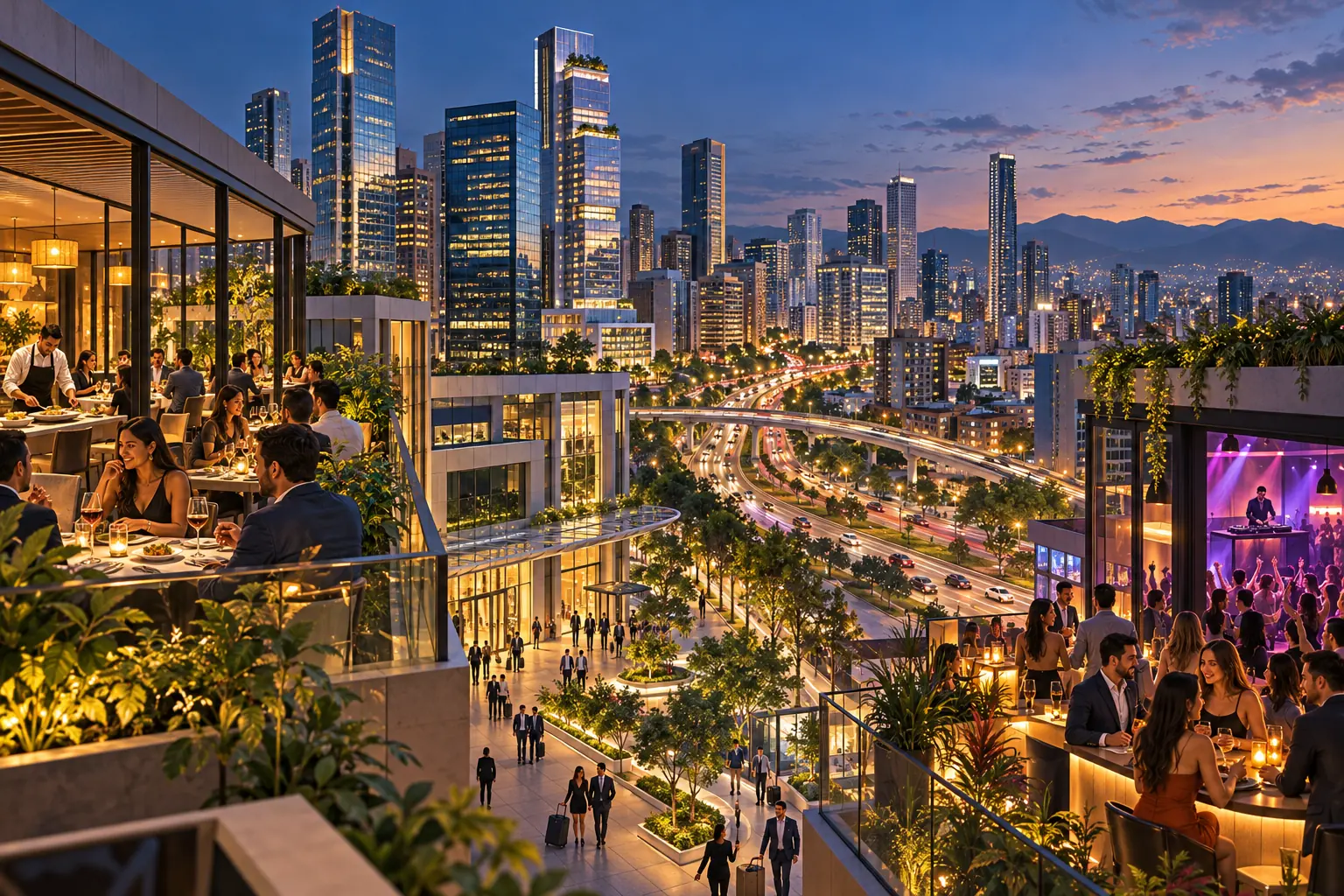 Ilustração de uma cidade moderna com gastronomia, vida noturna e mobilidade