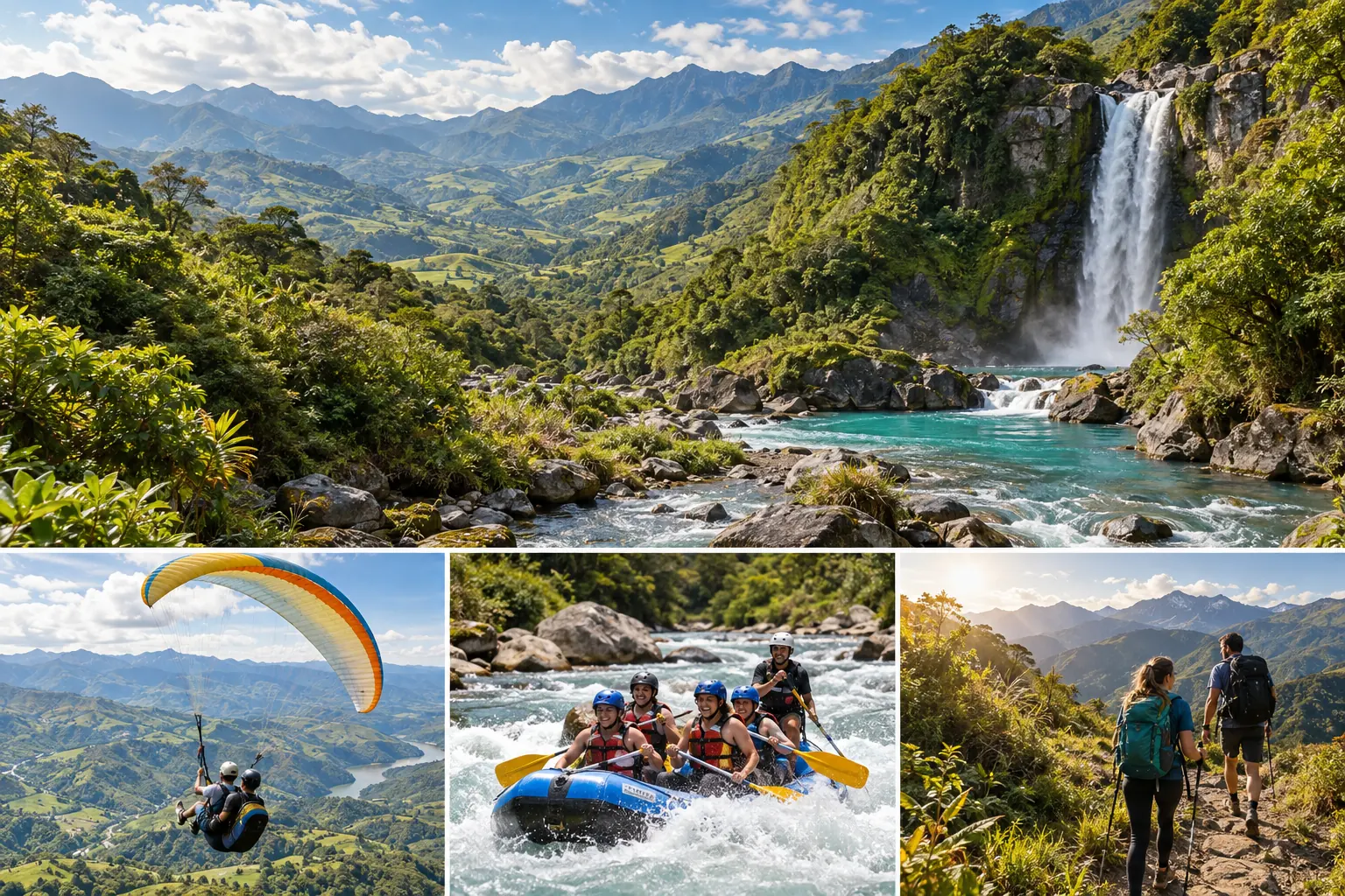 Ilustración de naturaleza y aventura: cascada, rafting, parapente y senderismo