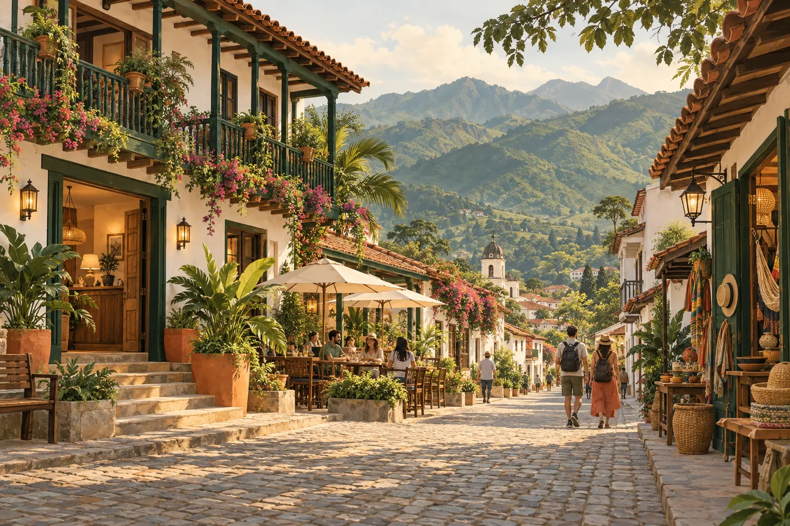 Una calle de lugar con negocios locales y visitantes